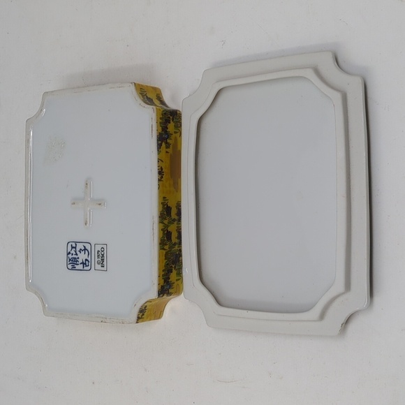 Trinket Box Ceramic Cover Floral Purple Iris Enesco 1979 Jewelry Yellow Gold 6" - Picture 8 of 9